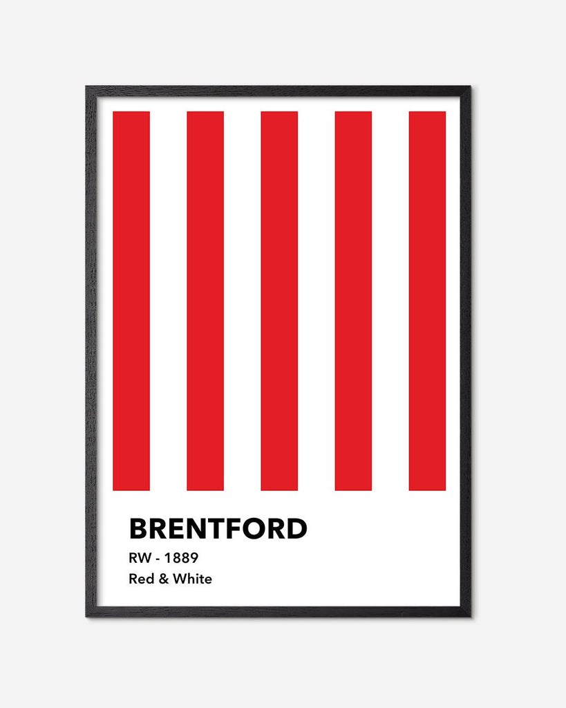En Brentford F.C. fodbold plakat med deres røde og hvide striber fra Colors kollektionen i en sort egetræsramme - Olé Olé