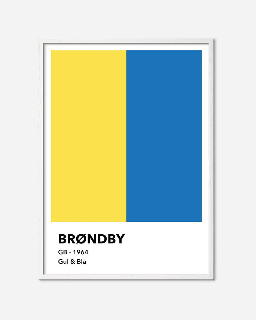 En Brøndby I.F. fodbold plakat med deres gule og blå farver fra Colors kollektionen i en hvid egetræsramme - Olé Olé
