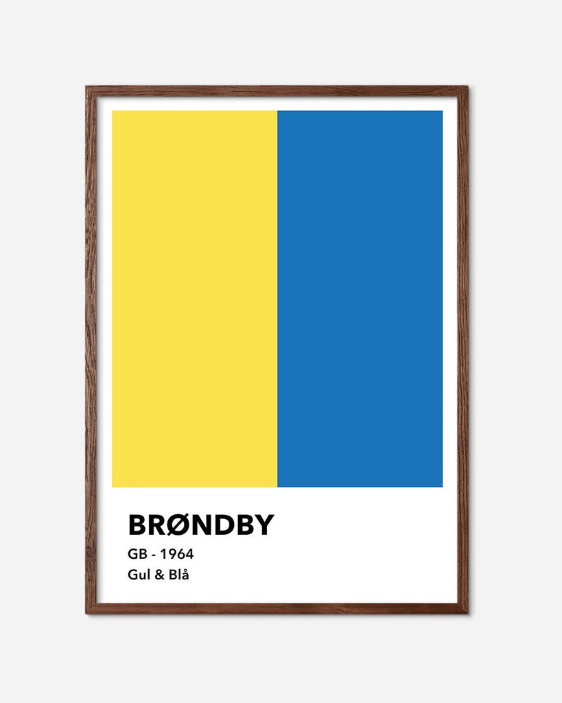 En Brøndby I.F. fodbold plakat med deres gule og blå farver fra Colors kollektionen i en mørk egetræsramme - Olé Olé