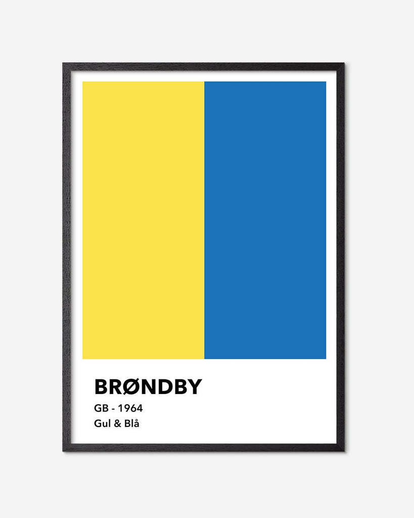 En Brøndby I.F. fodbold plakat med deres gule og blå farver fra Colors kollektionen i en sort egetræsramme - Olé Olé