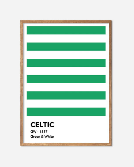 Fodbold plakat med grønne og hvide striber, tekst 'Celtic GW - 1887' og egetræsramme.