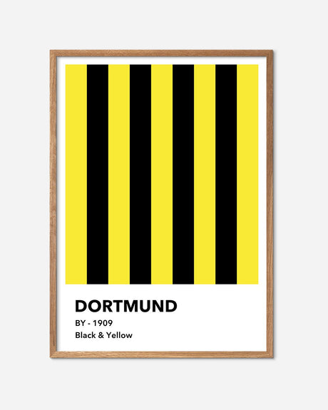 Fodbold plakat med sorte og gule striber, tekst Dortmund, træramme, moderne design