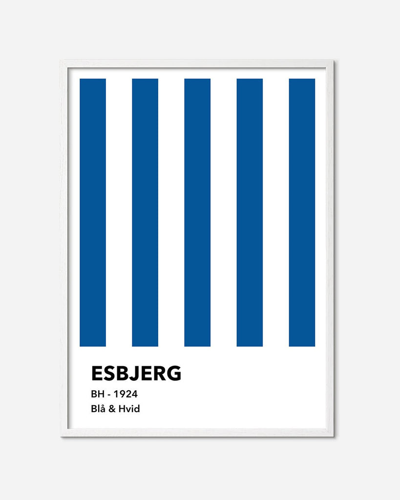 En Esbjerg F.B. fodbold plakat med deres blå og hvide striber fra Colors kollektionen i en hvid egetræsramme - Olé Olé