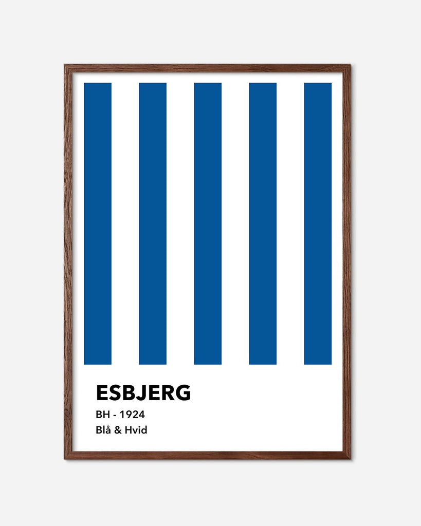 En Esbjerg F.B. fodbold plakat med deres blå og hvide striber fra Colors kollektionen i en mørk egetræsramme - Olé Olé