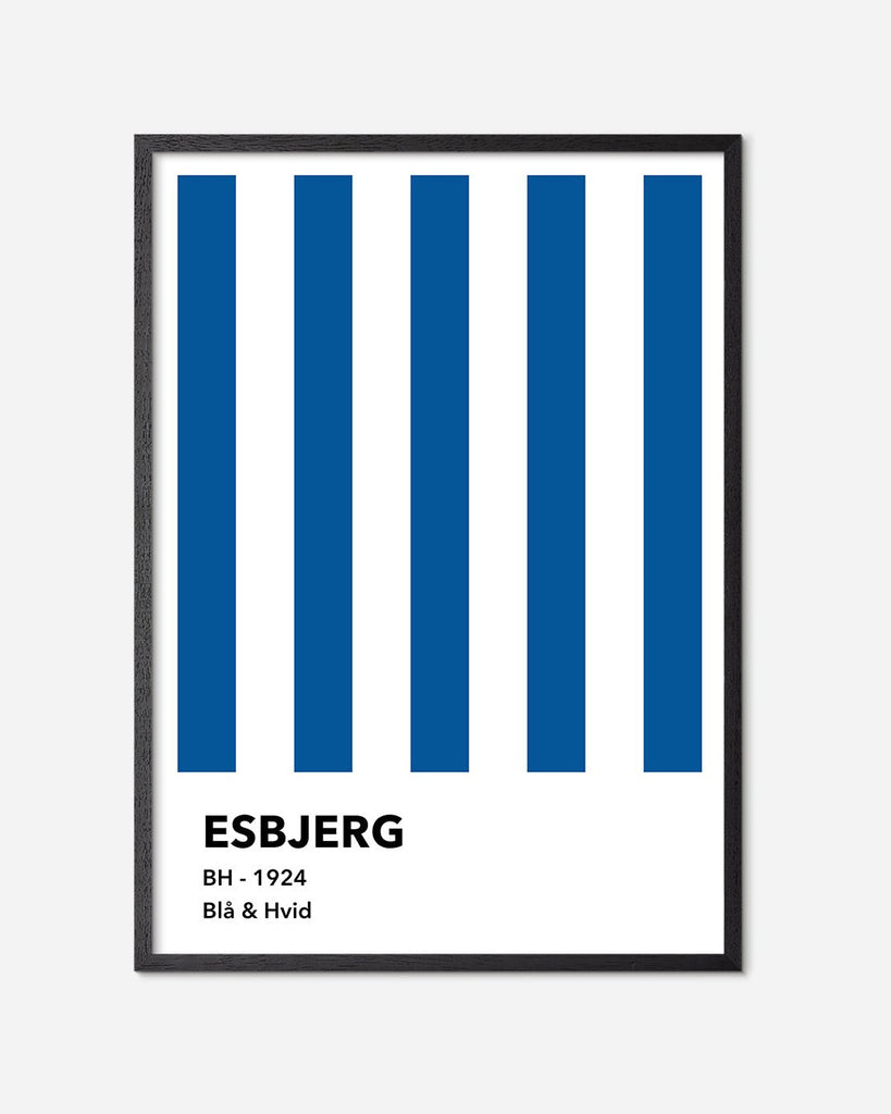 En Esbjerg F.B. fodbold plakat med deres blå og hvide striber fra Colors kollektionen i en sort egetræsramme - Olé Olé