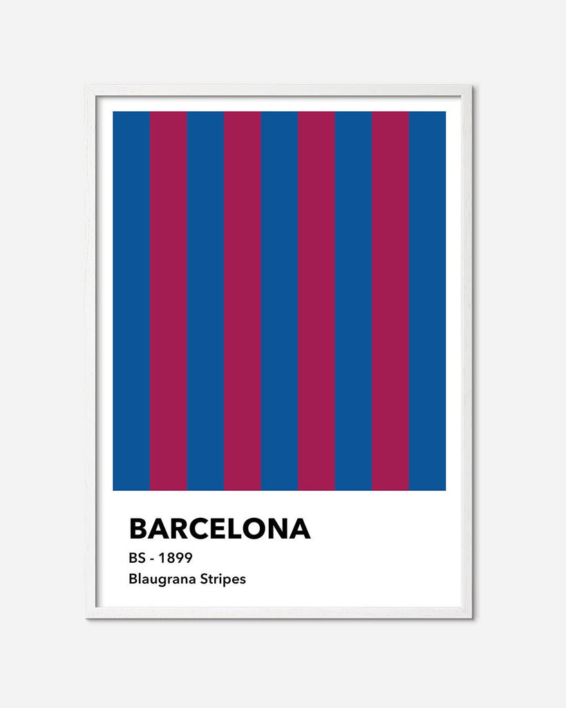 En F.C. Barcelona fodbold plakat med deres blaugrana striber fra Colors kollektionen i en hvid egetræsramme - Olé Olé