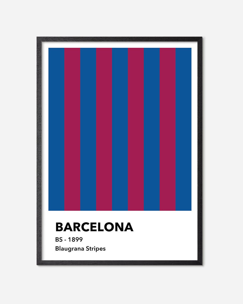 En F.C. Barcelona fodbold plakat med deres blaugrana striber fra Colors kollektionen i en sort egetræsramme - Olé Olé