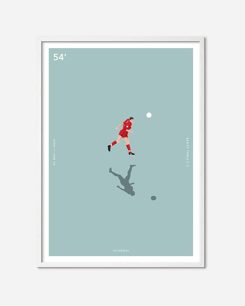 En Liverpool F.C. fodbold plakat med Steven Gerrard fra Great Moments kollektionen i hvid egetræsramme - Olé Olé