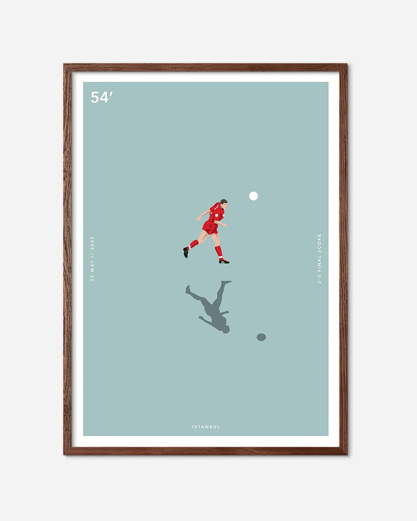 En Liverpool F.C. fodbold plakat med Steven Gerrard fra Great Moments kollektionen i en mørk egetræsramme - Olé Olé