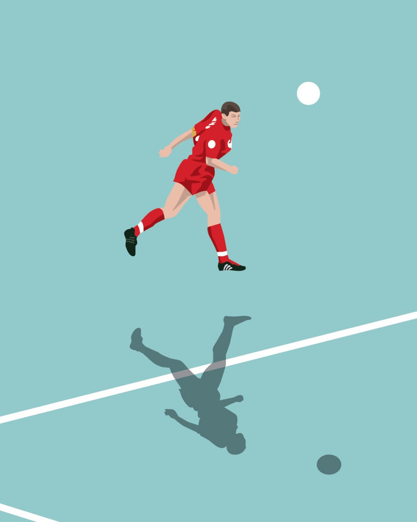 En Liverpool F.C. fodbold plakat med Steven Gerrard fra lagersalg zoomet ind - Olé Olé