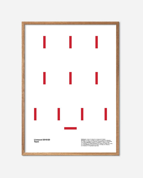 Minimalist fodboldplakat med Liverpool 2019/20 holdopstilling, egetræramme, rød grafik