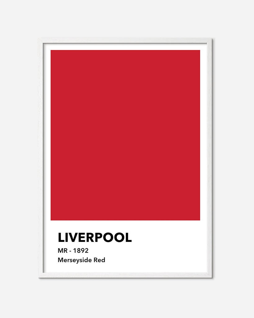 En Liverpool F.C. fodbold plakat med deres røde farve fra Colors kollektionen i en hvid egetræsramme - Olé Olé