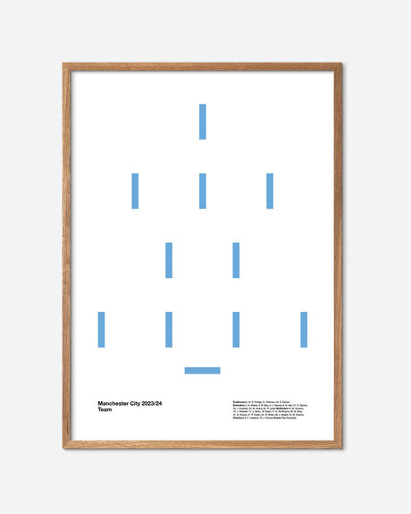 Minimalistisk Manchester City 2023/24 fodbold plakat med blå streger i egetræsramme.