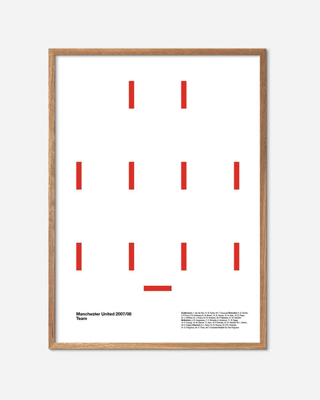 Minimalist fodboldplakat med Manchester United 2007/08 holdopstilling, egetræsramme