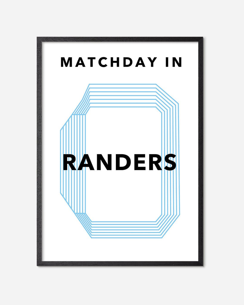 En Randers F.C. fodbold plakat med Randers Stadion fra Matchday kollektionen i en sort egetræsramme - Olé Olé