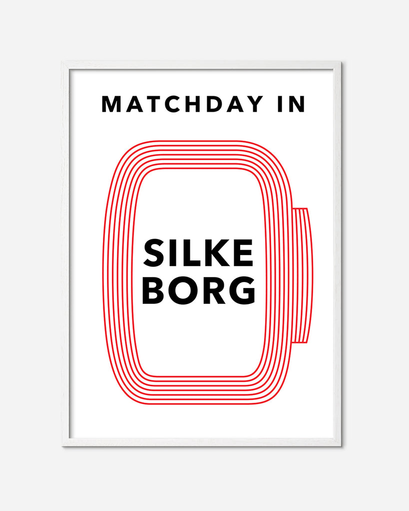 En Silkeborg I.F. fodbold plakat med Jyske Park fra Matchday kollektionen i en hvid egetræsramme - Olé Olé