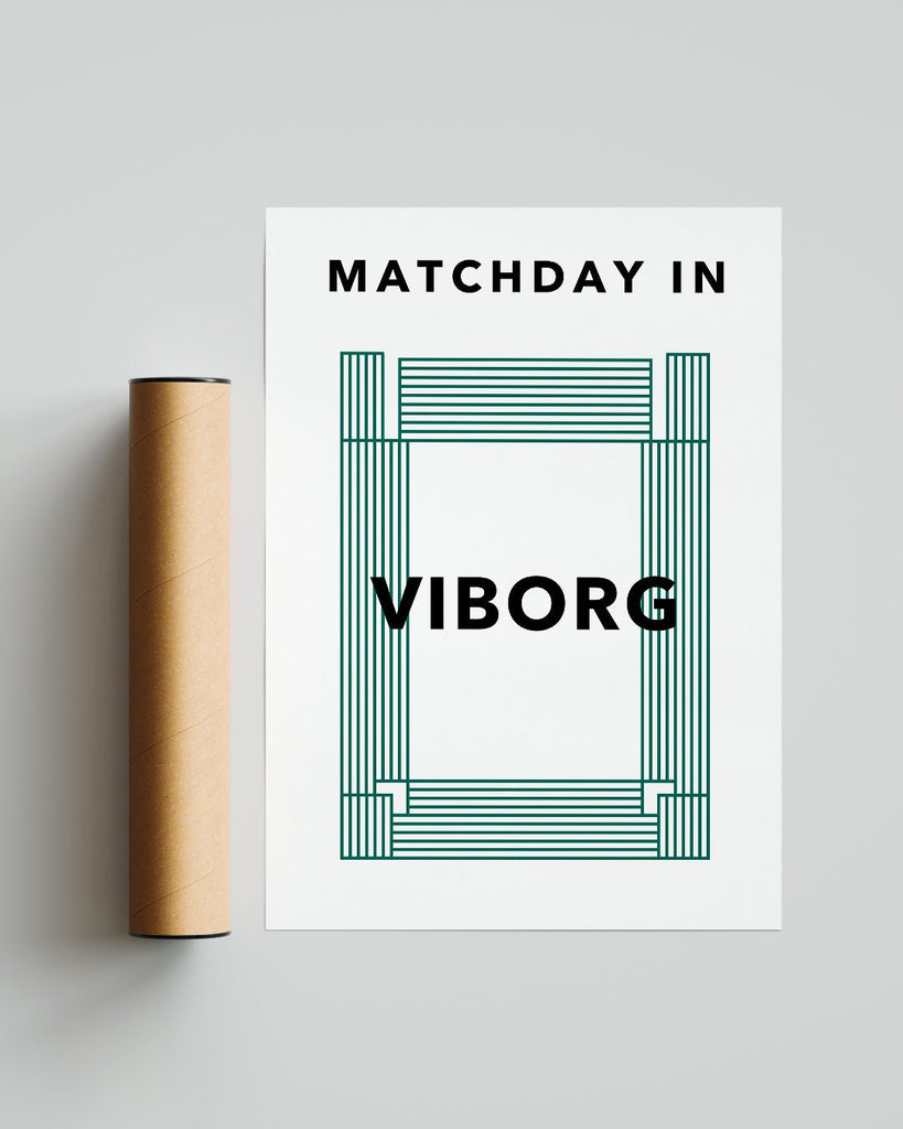 En Viborg F.F. fodbold plakat med Viborg Stadion fra Matchday kollektionen ved siden af emballage - Olé Olé
