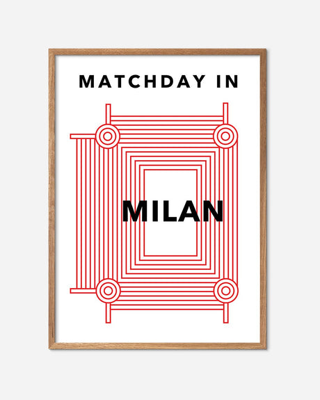 Matchday in Milan fodbold plakat med grafisk stadion illustration i egetræramme