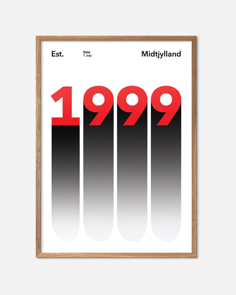 En Midtjylland fodbold plakat med deres etableringsår 1999 fra Established kollektionen i en egetræsramme - Olé Olé