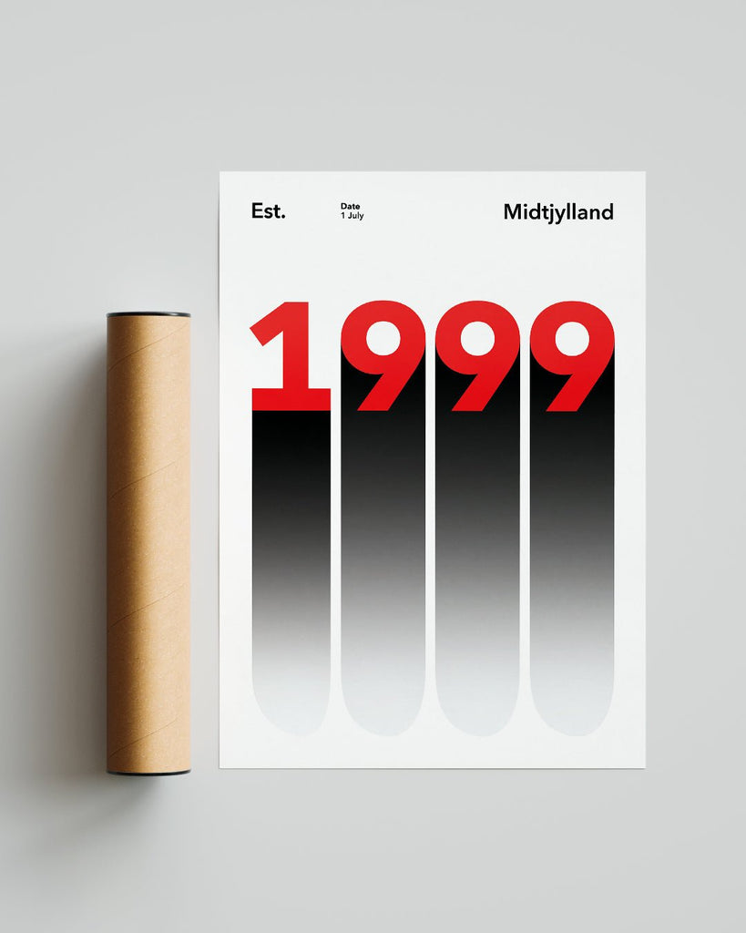 En Midtjylland fodbold plakat med deres etableringsår 1999 fra Established kollektionen ved siden af emballage - Olé Olé