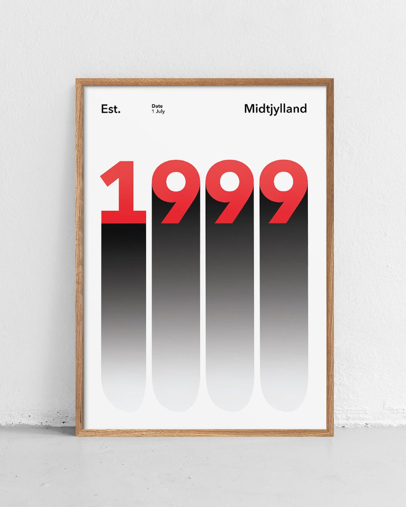 En Midtjylland fodbold plakat med deres etableringsår 1999 fra Established kollektionen stående på et gulv - Olé Olé