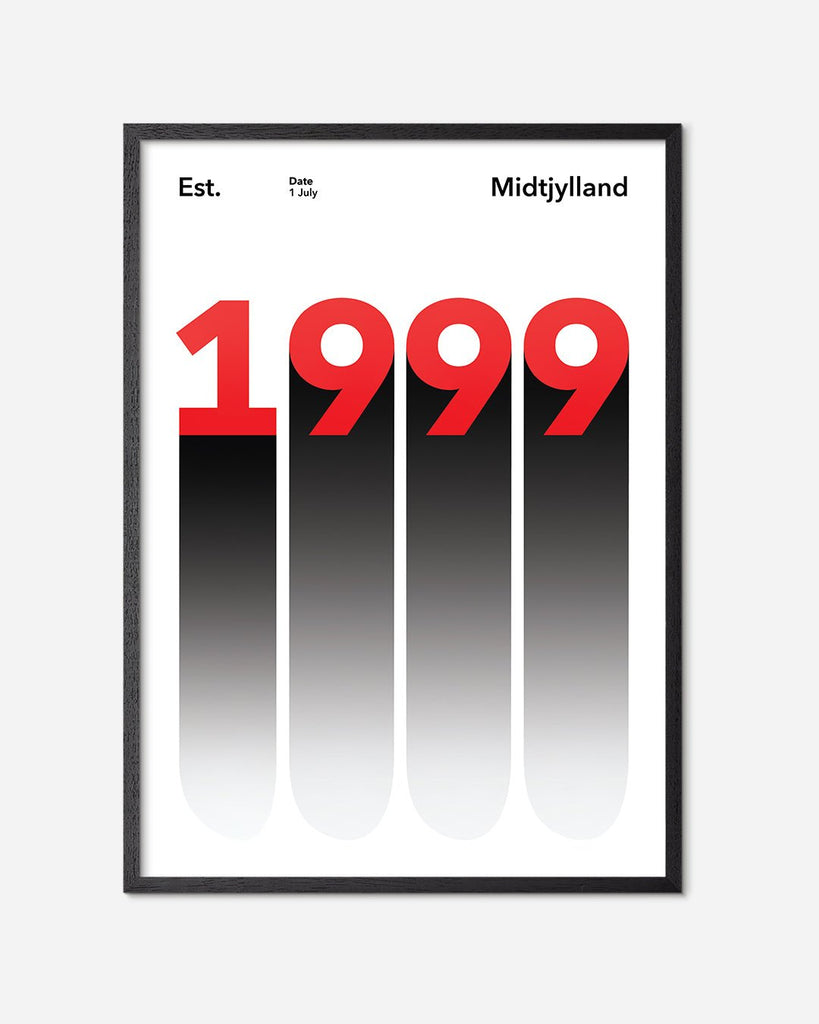 En Midtjylland fodbold plakat med deres etableringsår 1999 fra Established kollektionen i en sort egetræsramme - Olé Olé