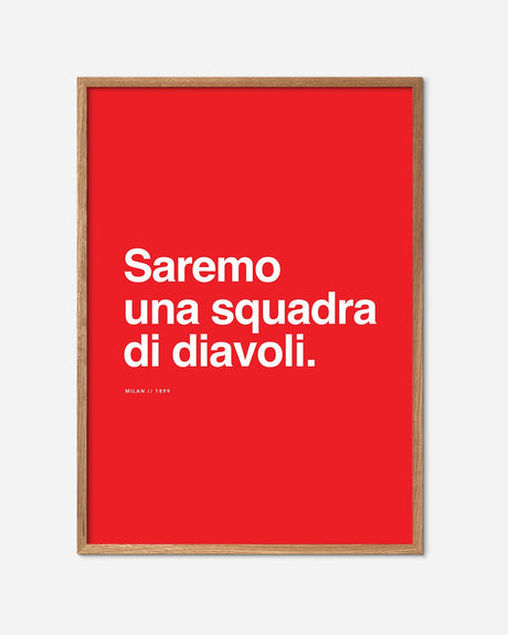 Milan fodbold plakat med italiensk citat, rød baggrund og egetræsramme