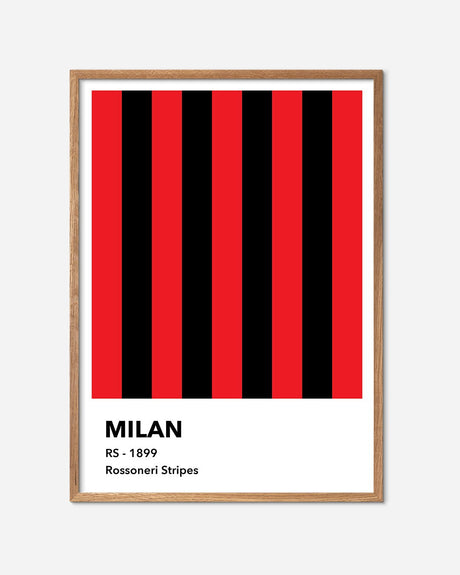 Fodboldplakat med røde og sorte striber i egetræsramme, Milan Rossoneri design.