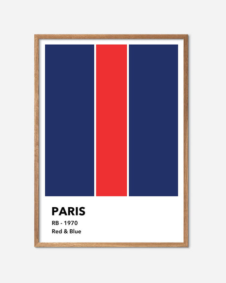 Fodbold plakat med Paris, blå og rød striber, egetræsramme, moderne vægkunst