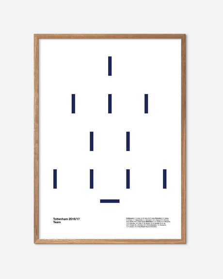 Minimalist fodboldplakat med Tottenham 2016/17 holdopstilling, egetræsramme, moderne design
