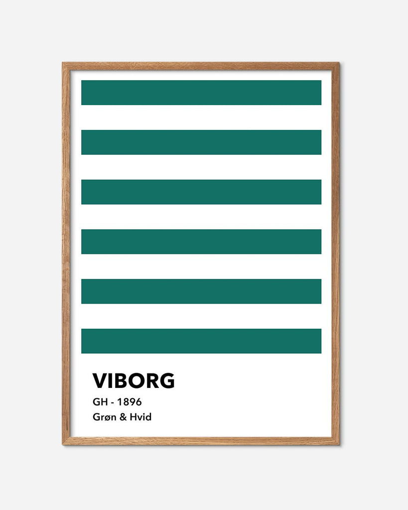 En Viborg F.F. fodbold plakat med deres grønne og hvide striber fra Colors kollektionen i en egetræsramme - Olé Olé