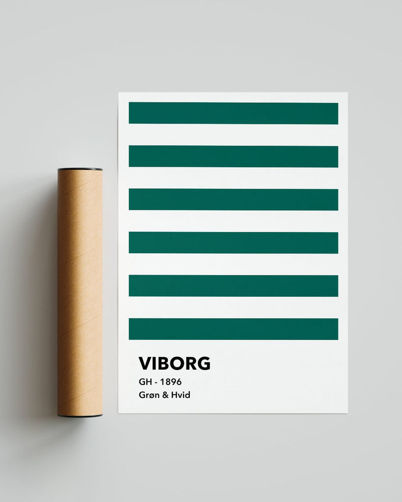 En Viborg F.F. fodbold plakat med deres grønne og hvide striber fra Colors kollektionen ved siden af emballage - Olé Olé