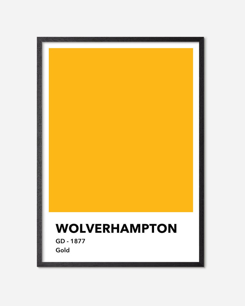 En Wolverhampton F.C. fodbold plakat med deres guld farve fra Colors kollektionen i en sort egetræsramme - Olé Olé