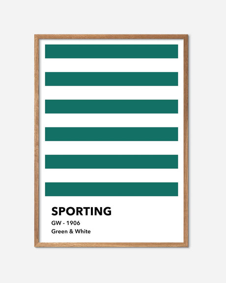 Fodbold plakat med grønne og hvide striber, træramme, modern sport kunst design